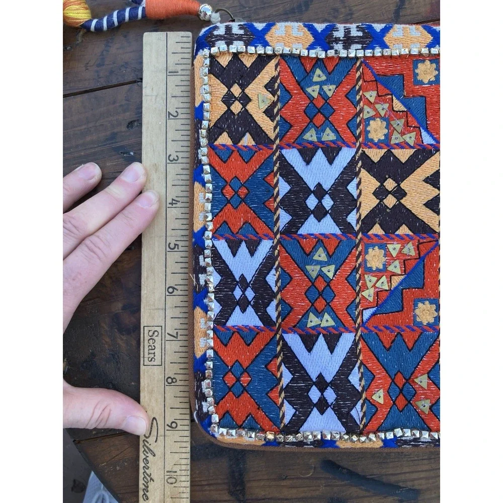 Steven Boho Embroidered Clutch Tribal Geometric Tassel Zip Pouch Bag Purse